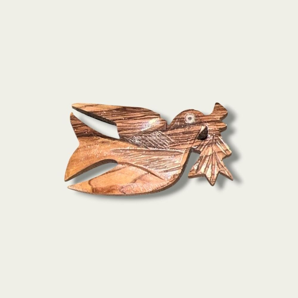 Vintage Olive Wood Peace Dove Olive Branch Brooch Holy Land Style